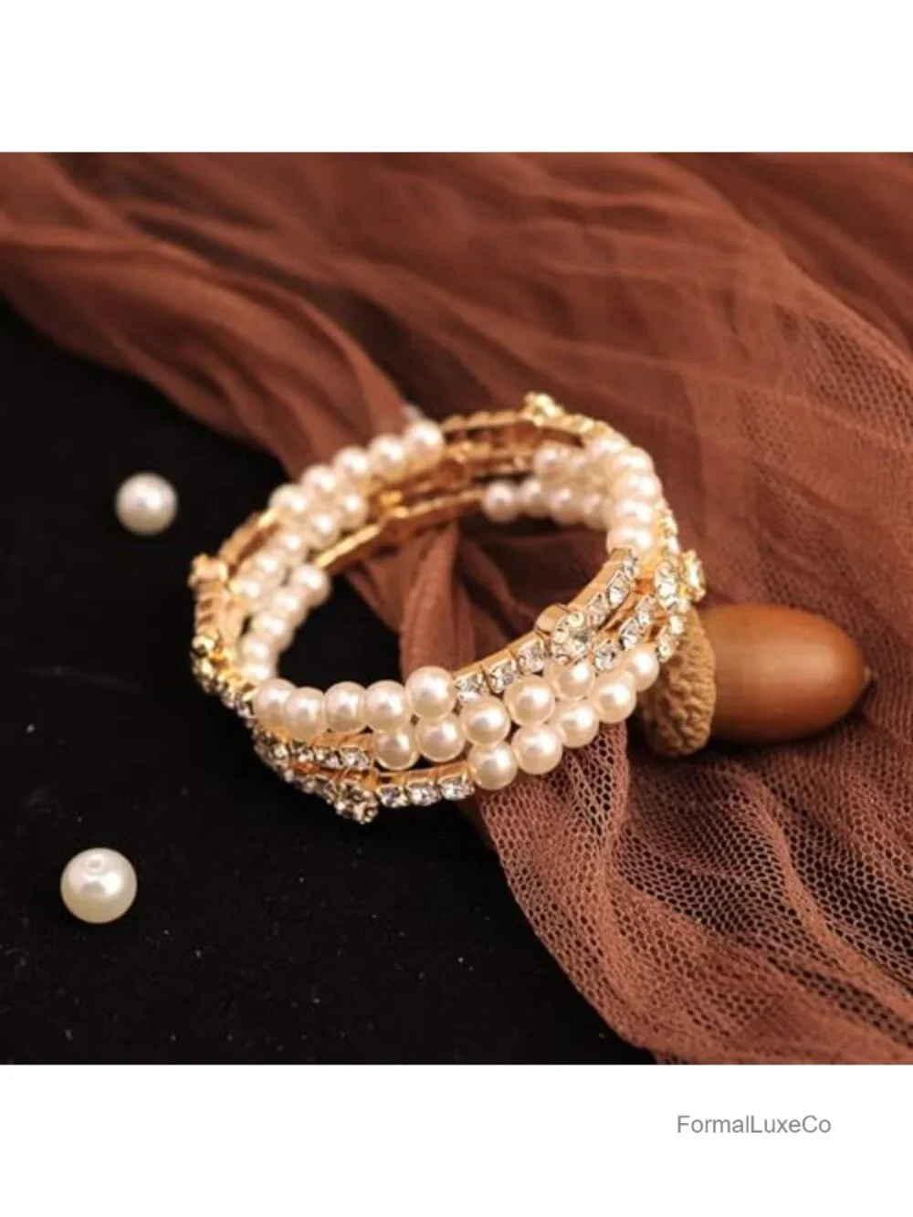 Layered Rhinestone Pearl Cuff Bracelet Baroque Bridal Bangle